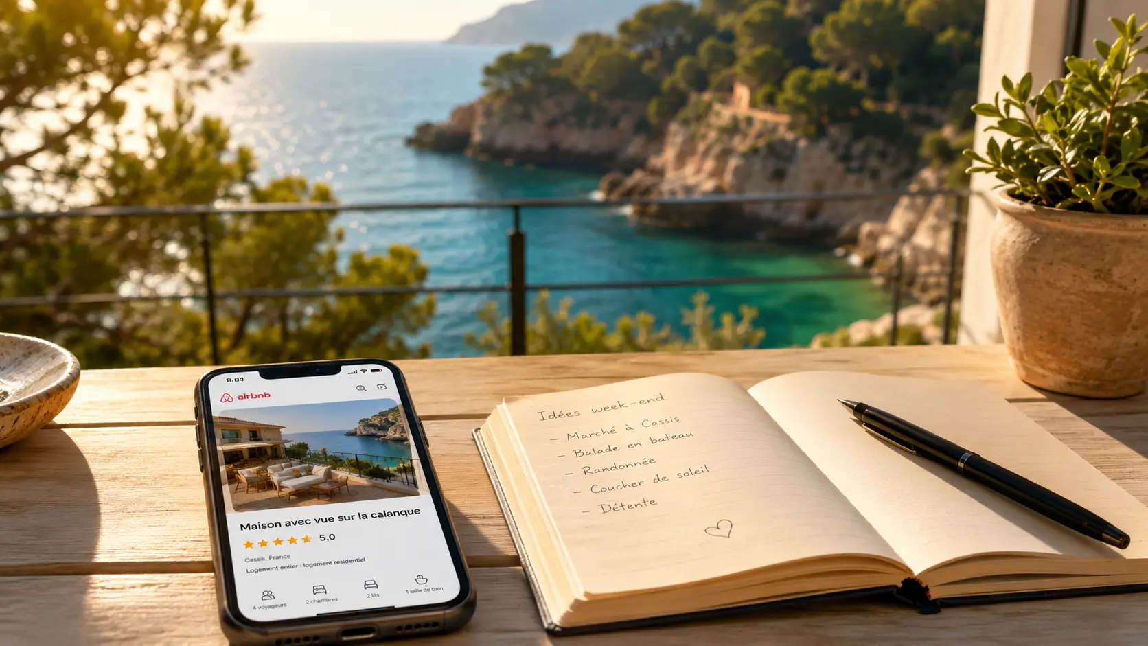 Gestion Airbnb conciergerie Côte d'Azur — terrasse vue calanque avec smartphone annonce location