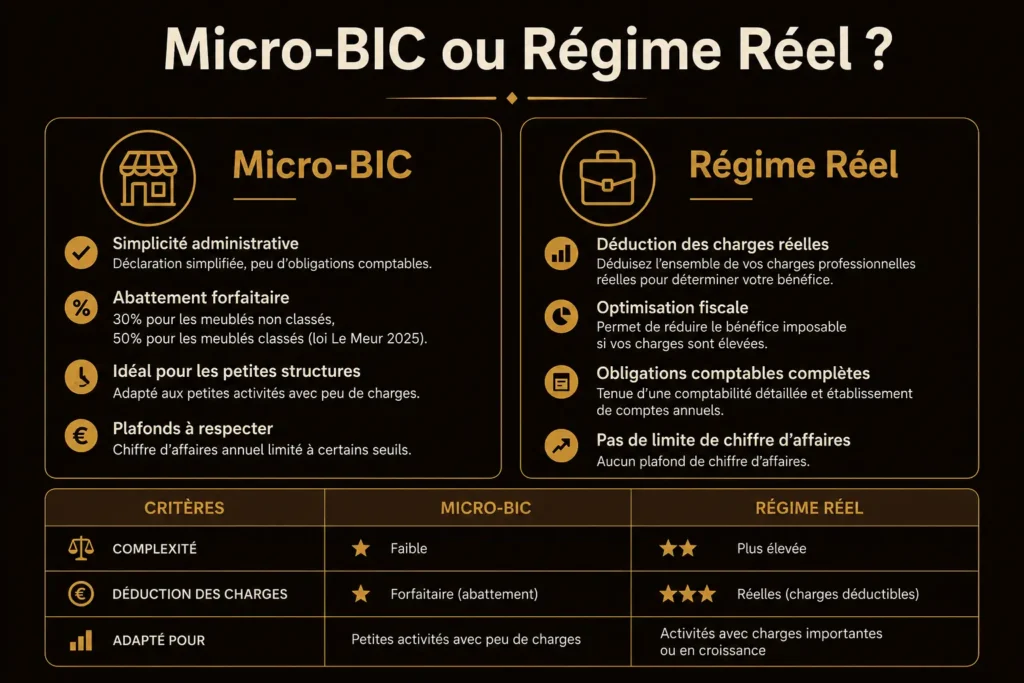 Infographie comparaison micro-BIC vs régime réel LMNP 2026 — CocoonHôte Côte d'Azur