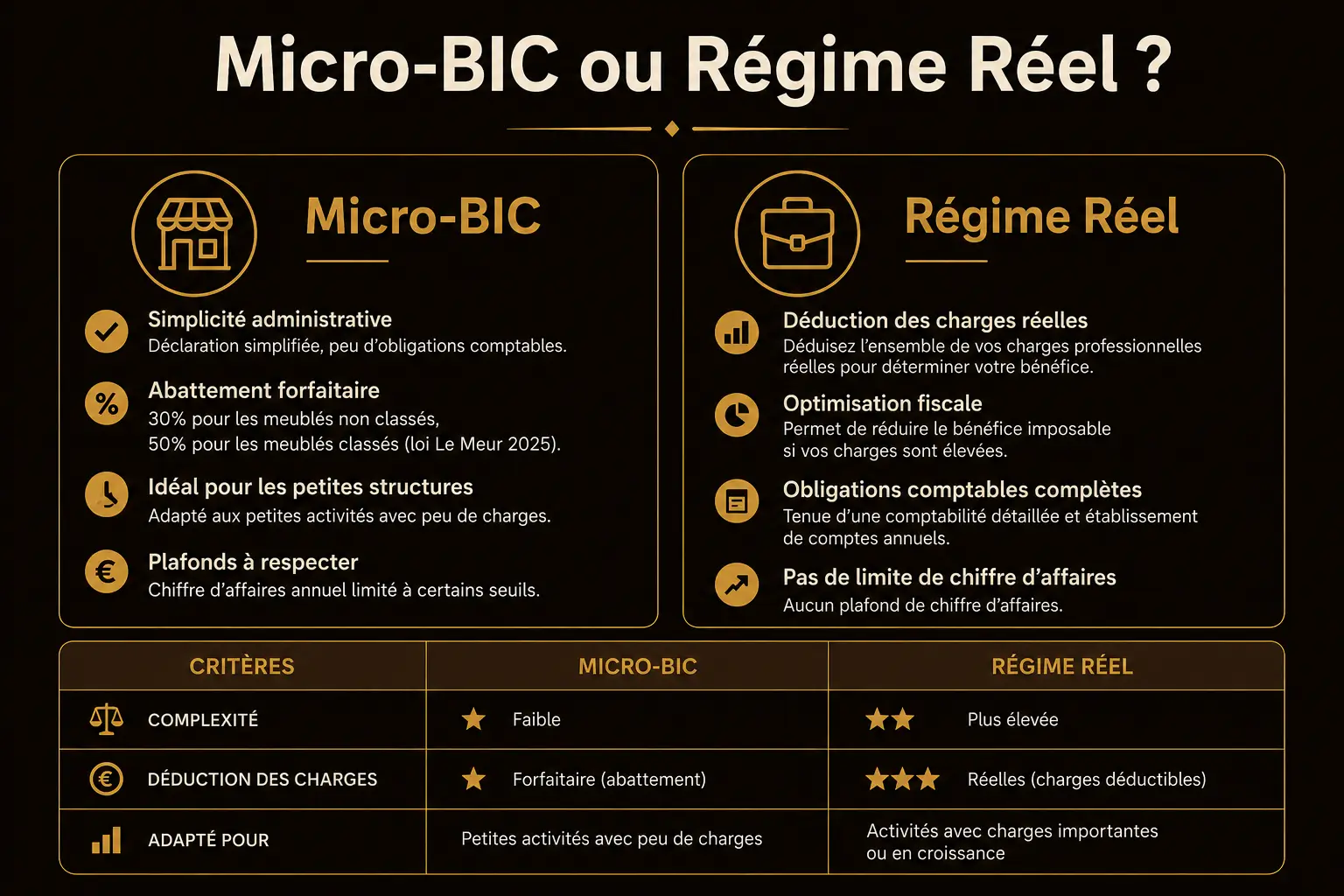 Infographie comparaison micro-BIC vs régime réel LMNP 2026 — CocoonHôte Côte d'Azur