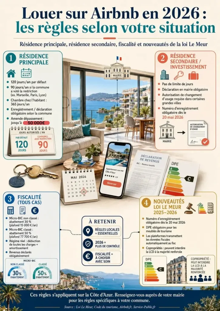 Infographie réglementation Airbnb 2026 — résidence principale, secondaire, fiscalité et loi Le Meur sur la Côte d'Azur