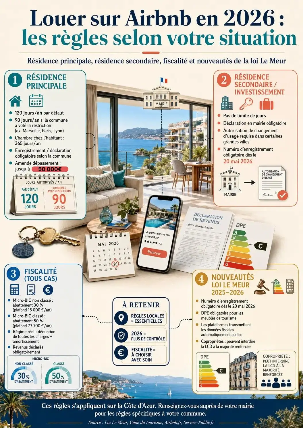 Infographie réglementation Airbnb 2026 — résidence principale, secondaire, fiscalité et loi Le Meur sur la Côte d'Azur