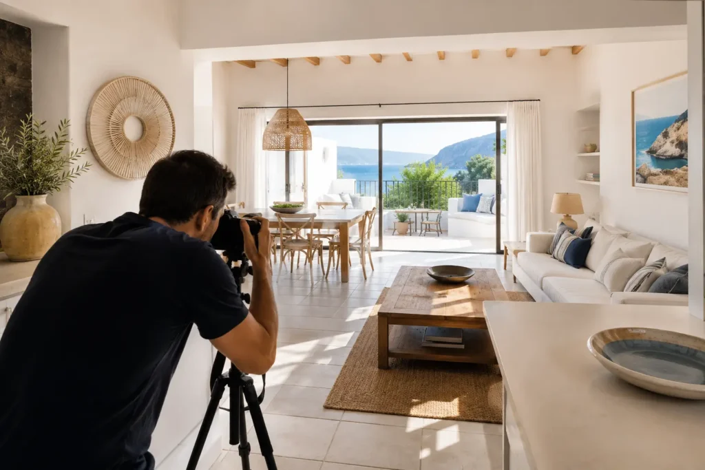 Séance photo professionnelle d'un appartement en location courte durée sur la Côte d'Azur pour optimiser l'annonce Airbnb