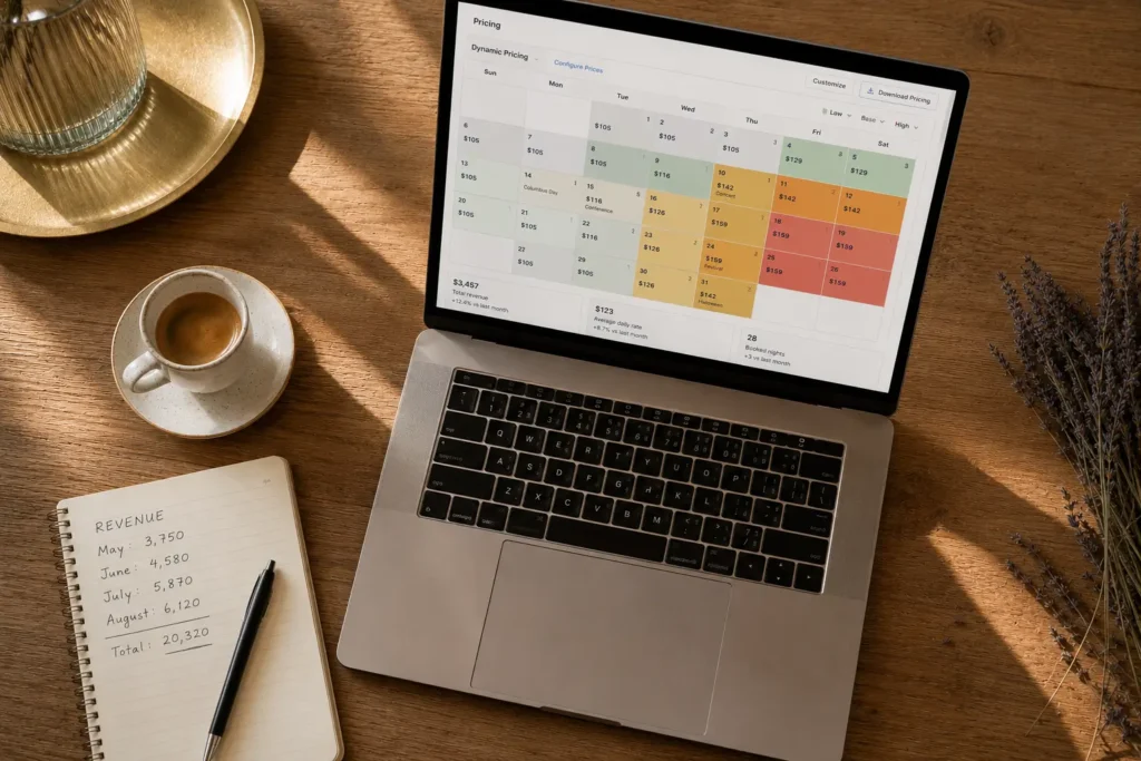 Calendrier de tarification dynamique Airbnb sur ordinateur portable, côte méditerranéenne