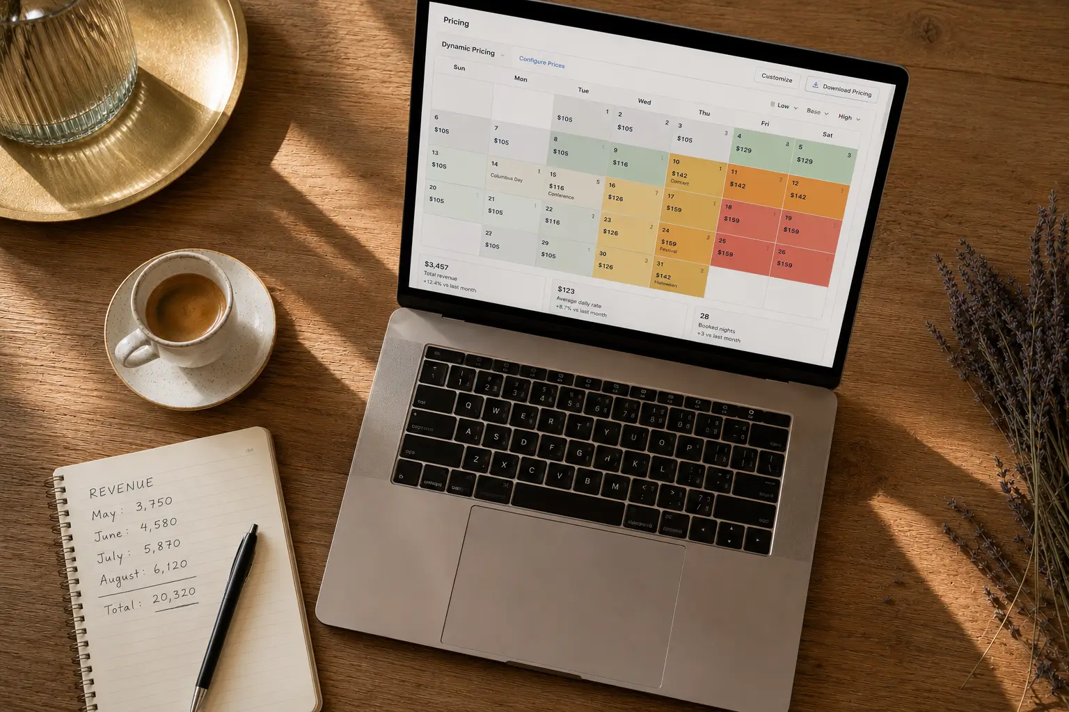 Calendrier de tarification dynamique Airbnb sur ordinateur portable, côte méditerranéenne