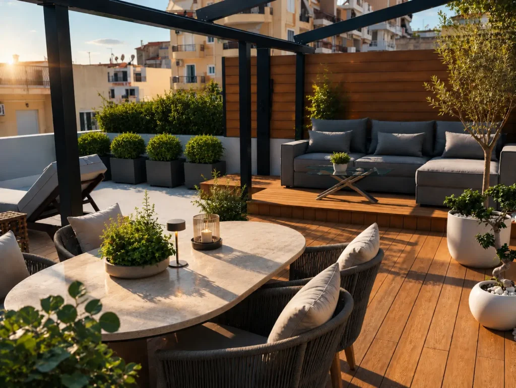 Terrasse aménagée au coucher de soleil pour une location saisonnière sur la côte méditerranéenne