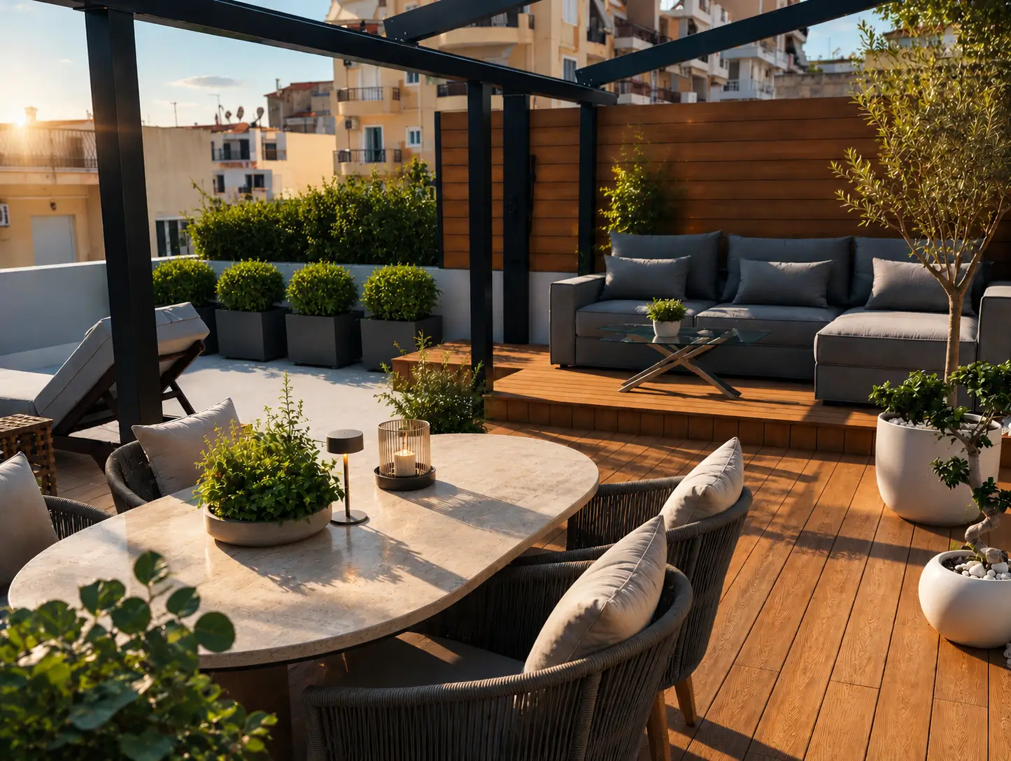 Terrasse aménagée au coucher de soleil pour une location saisonnière sur la côte méditerranéenne