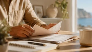 Accueil 16 Propriétaire vérifiant son contrat d'assurance PNO pour la location courte durée