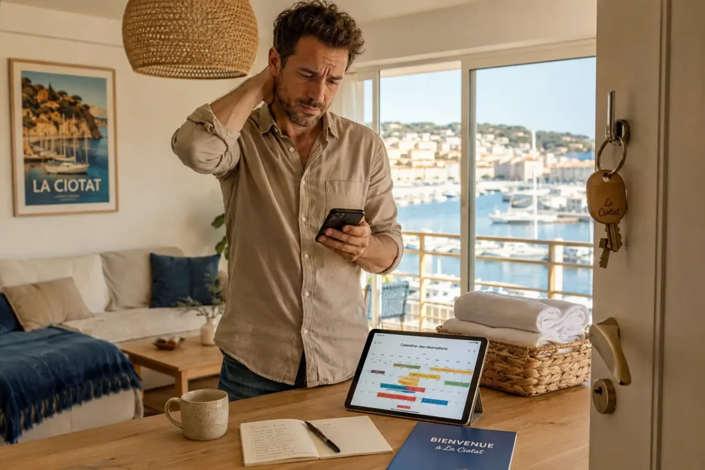 Propriétaire débordé gérant seul son Airbnb à La Ciotat sans conciergerie